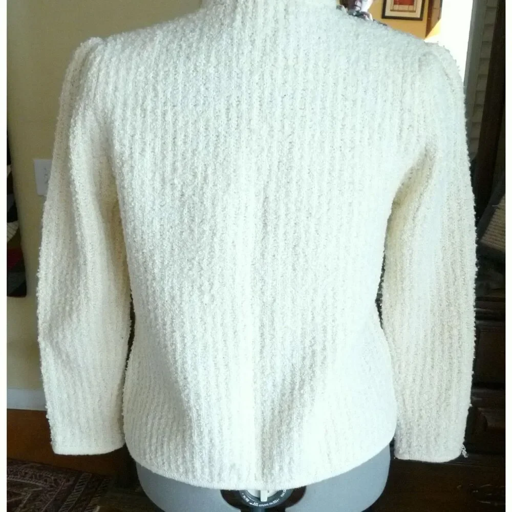 Vintage Cream Boucle Knit Open Front Elegant Edge Trim Cardigan Jacket M